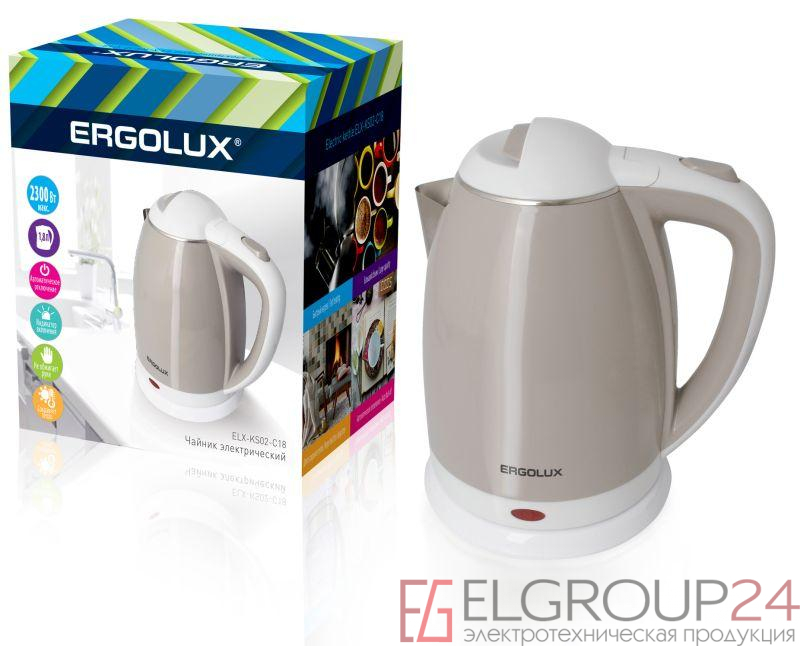 Чайник ELX-KS02-C18 нерж.сталь/пластик 1.8л 160-250В 1500-2300Вт бежево-бел. Ergolux 13121 0