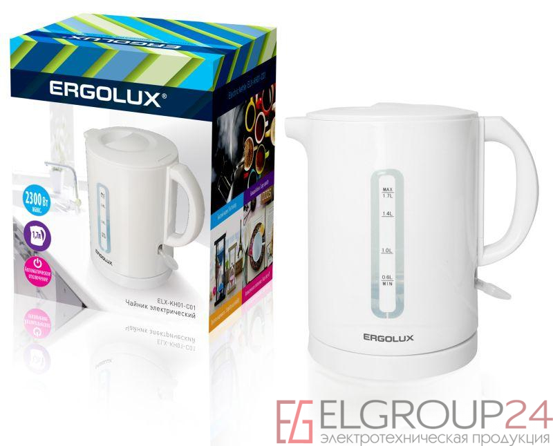 Чайник ELX-KH01-C01 пласт. спираль 1.7л 160-250В 1500-2300Вт бел. Ergolux 13114 0