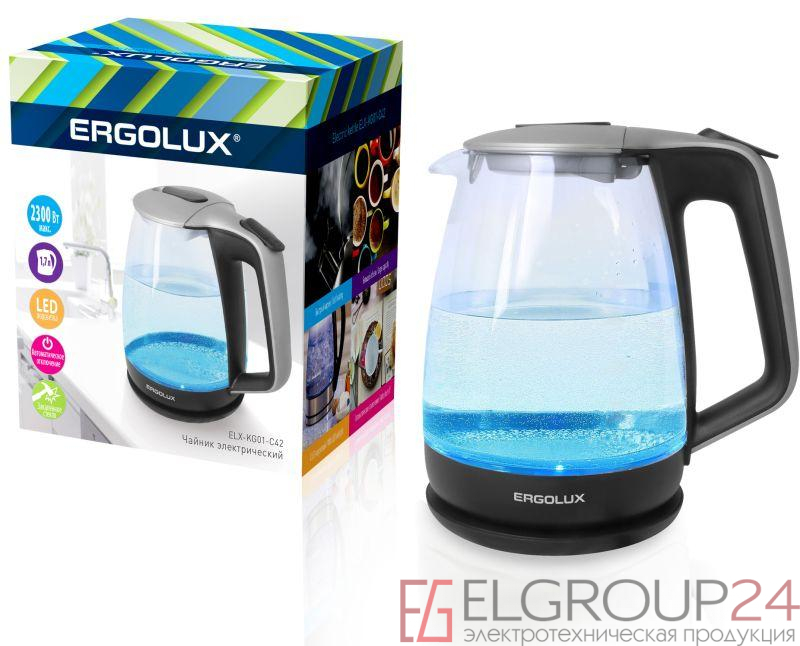 Чайник ELX-KG01-C42 стекл. 1.7л 160-250В 1500-2300Вт серебристо-черн. Ergolux 13117 0