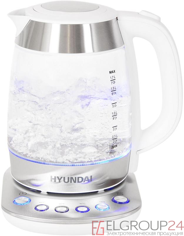 Чайник HYK-G4033 1.7л. 2200Вт (стекло) бел./серебр. HYUNDAI 1430083 1